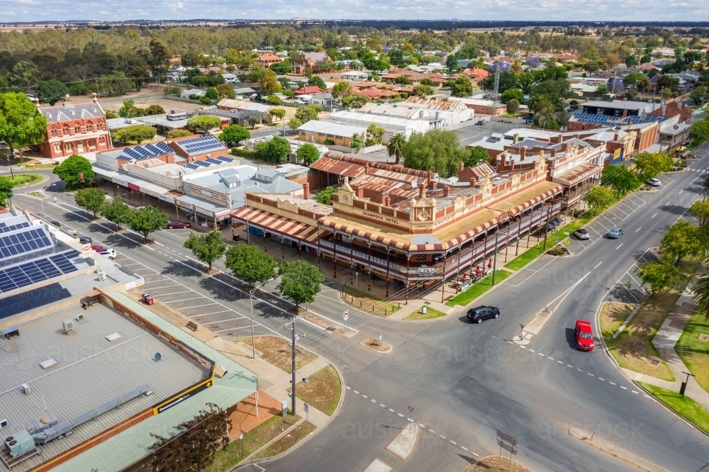 Aerial view of a large country hotel in a regional town - Australian Stock Image
