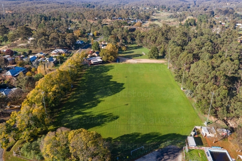 Aerial view of a lush green soccer pitch - Australian Stock Image