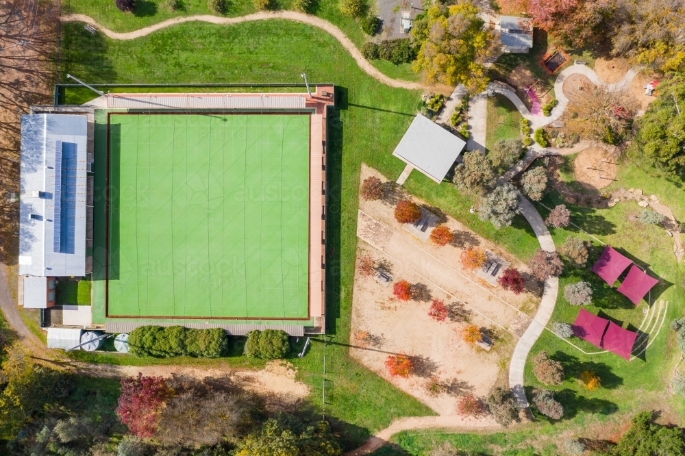 Aerial view of a park with walking tracks and a bowling green - Australian Stock Image