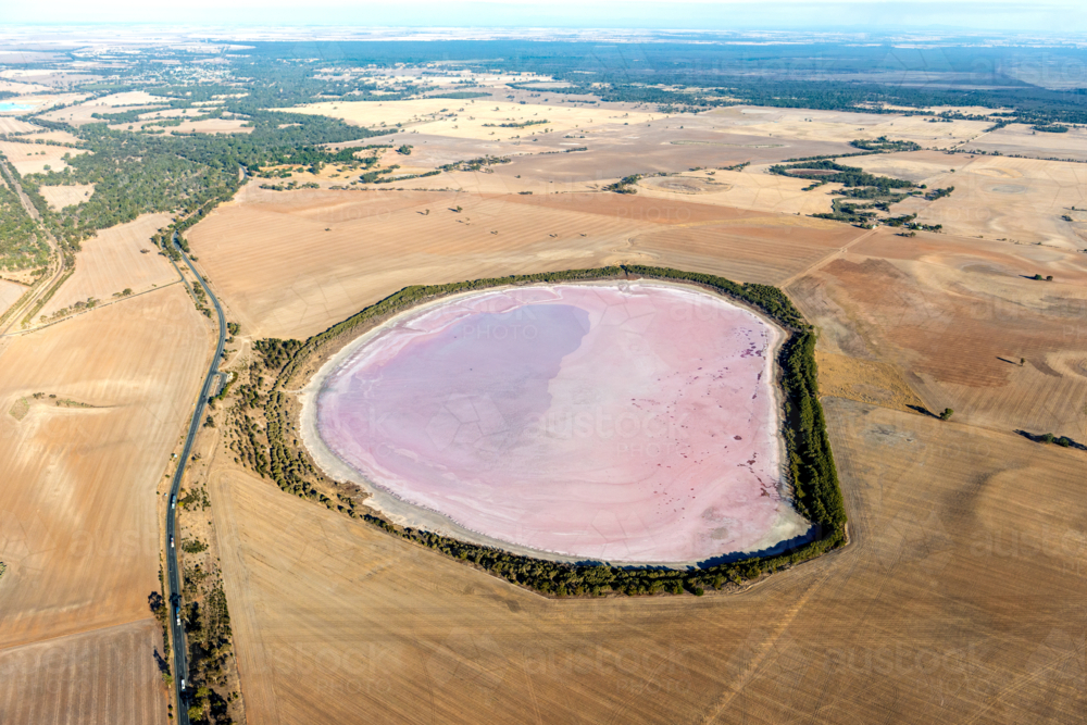 Aerial view of a pink salt lake surrounded by farmland and dry fields. - Australian Stock Image