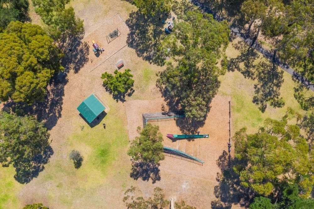 Aerial view of a playground in a suburban park - Australian Stock Image