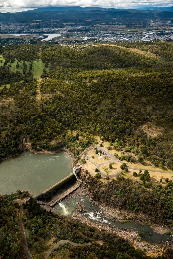 Aerial view of a reservoir dam - Australian Stock Image