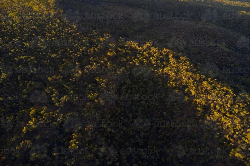 Aerial view of a ridge covered in bush in Western Australia, with contrasting light and shadow - Australian Stock Image
