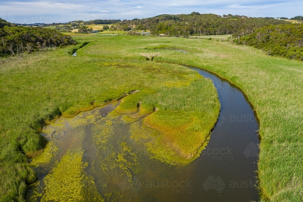 Image of Aerial view of a river winding through a lush green valley ...