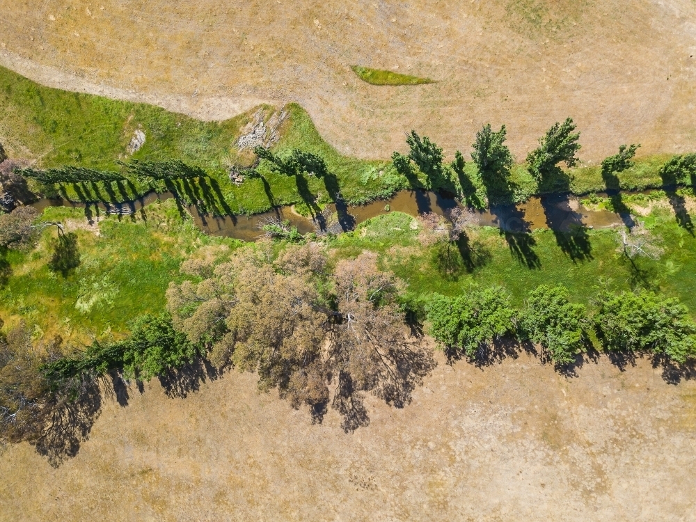 Aerial view of a river with green grass and trees lining its banks - Australian Stock Image