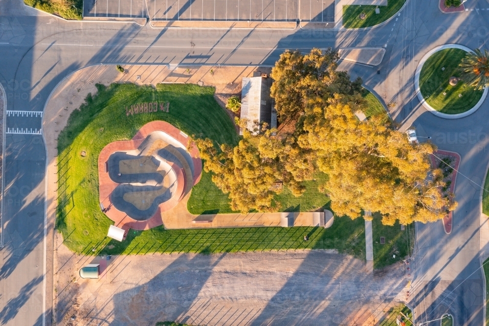 Aerial view of a skate park and surrounding streets and roundabouts - Australian Stock Image