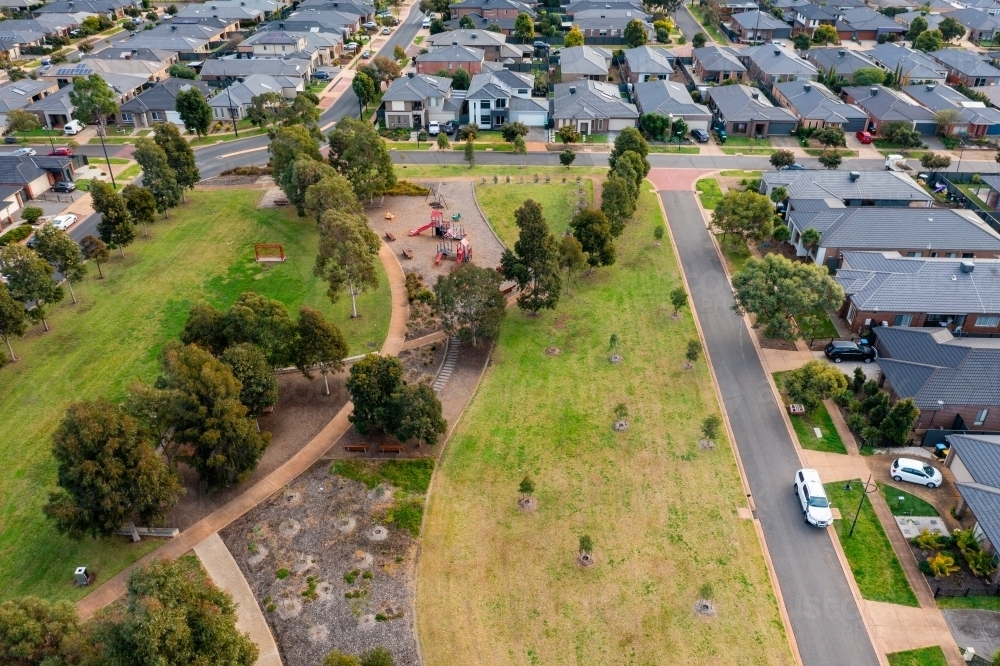 Aerial view of a small suburban park amongst housing - Australian Stock Image