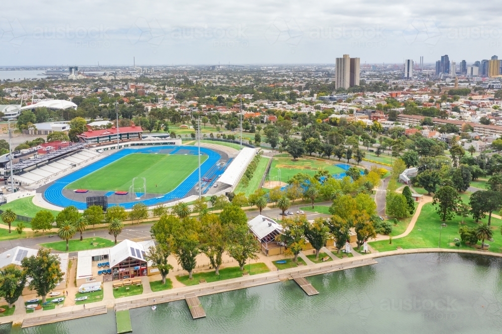 Aerial view of a sporting arena on the shores of a lake - Australian Stock Image