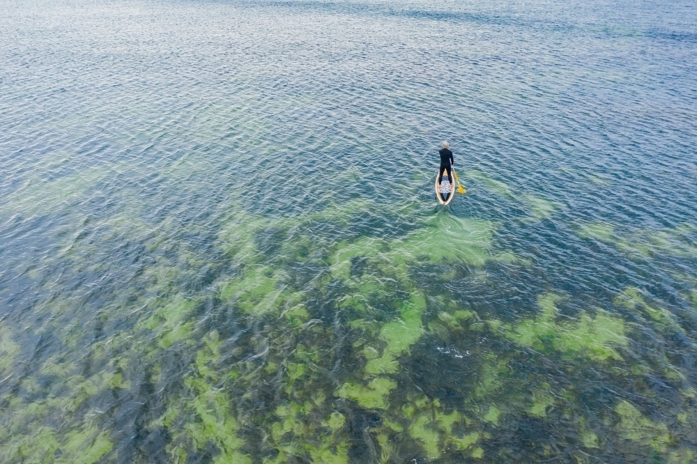 Aerial view of a stand up paddle boarder on calm water - Australian Stock Image
