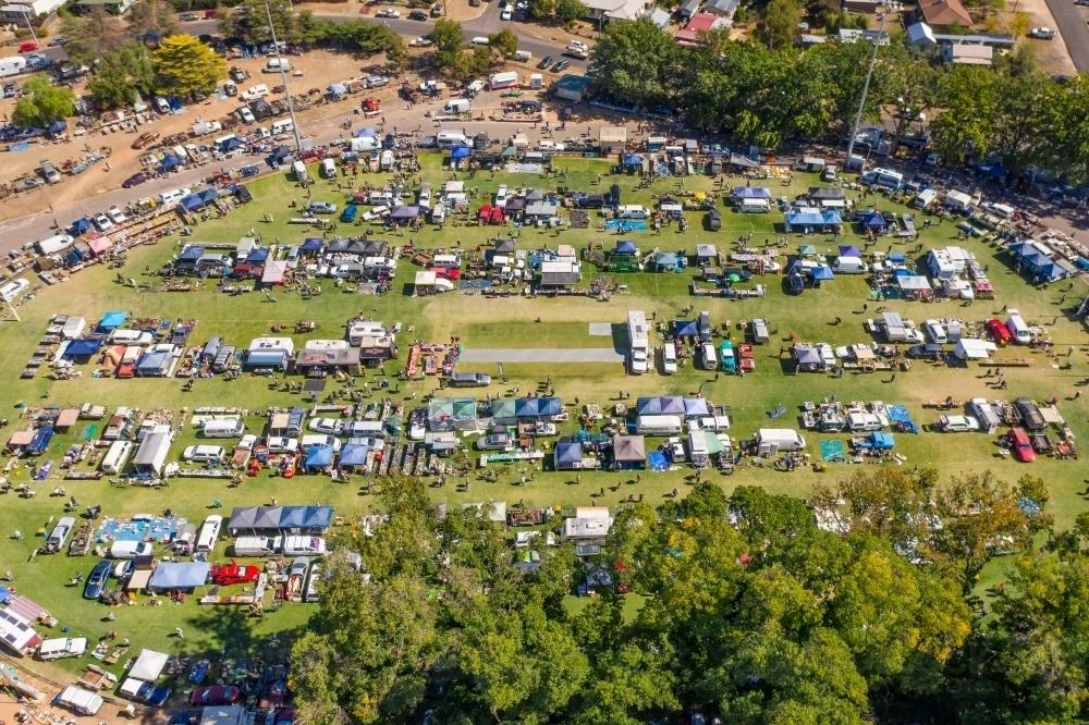Aerial view of a swap meet market on an oval - Australian Stock Image