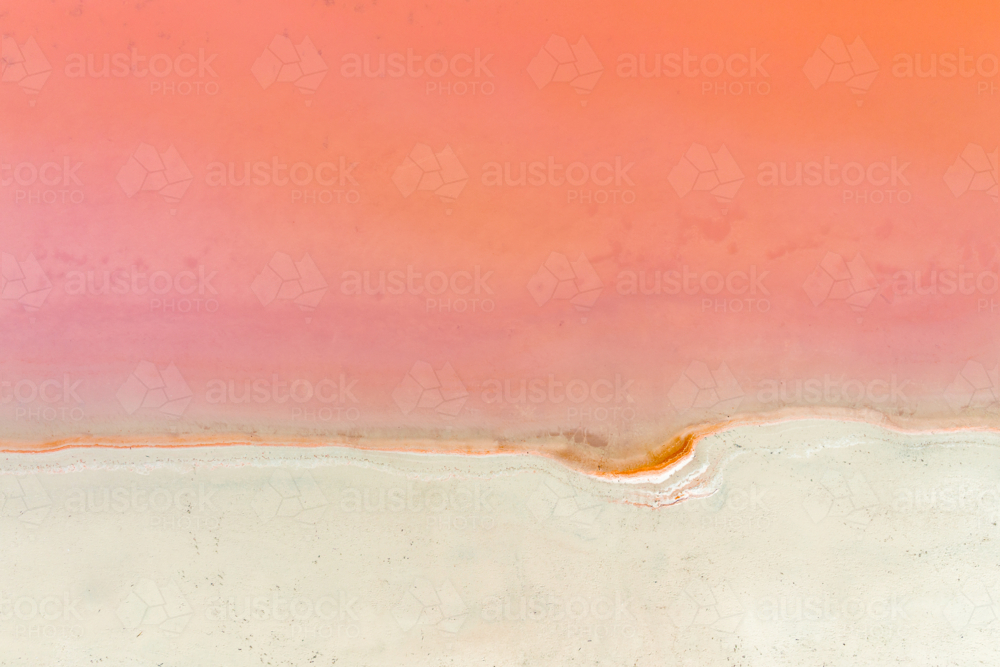 Aerial view of a vivid pink salt lake fading into pale white shoreline. - Australian Stock Image