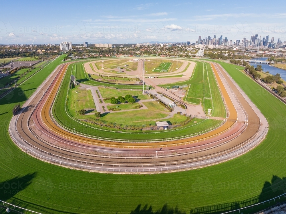 Aerial view of a wide bend on a horse racing track - Australian Stock Image