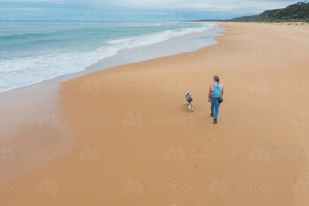 Aerial view of a woman walking with her pet dog on a wide sandy beach - Australian Stock Image