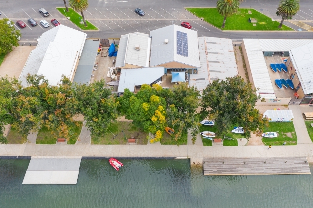 Aerial view of a yacht club on the shores of a lake - Australian Stock Image
