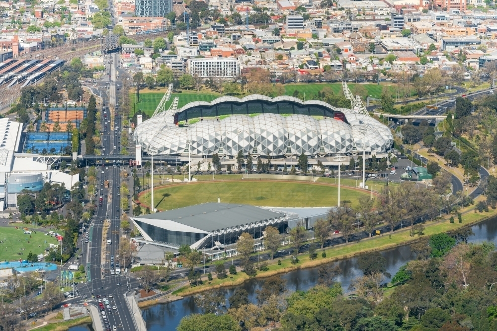 Aerial view of AAMI Park, Olympic Park, Yarra River and Olympic Boulevard - Australian Stock Image