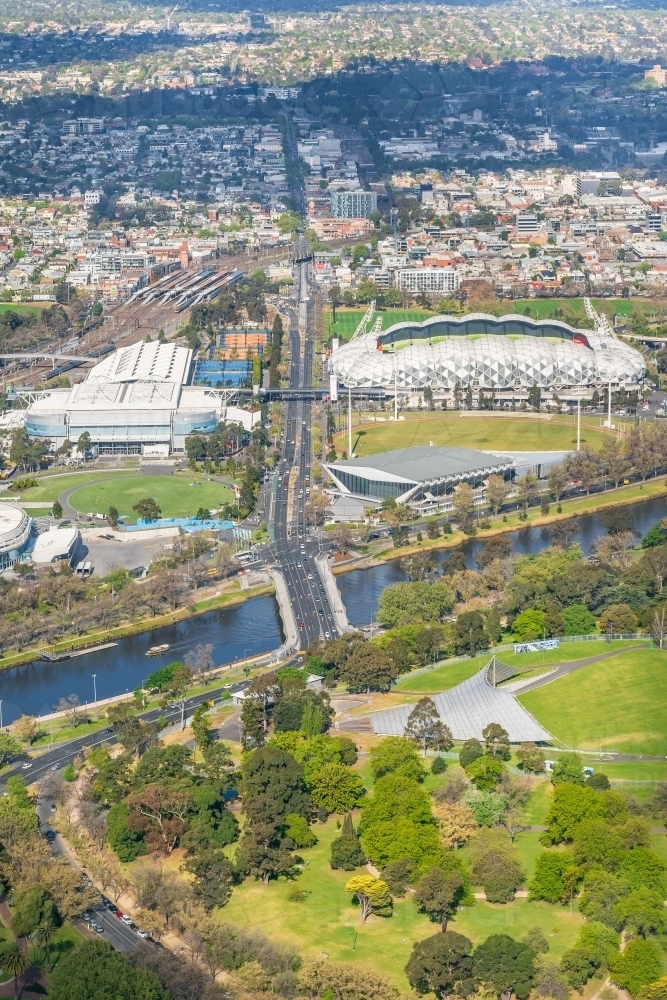Aerial view of AAMI Park, Olympic Park, Yarra River and the Sidney Myer Music Bowl - Australian Stock Image