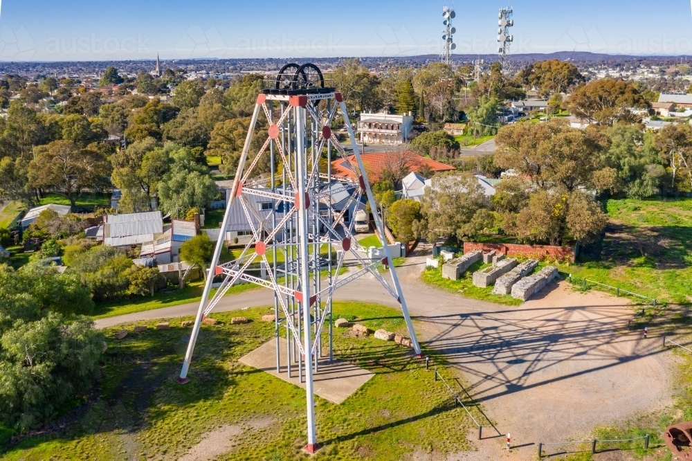 Aerial view of an historic poppet head on a hill top surrounded by walking tracks - Australian Stock Image