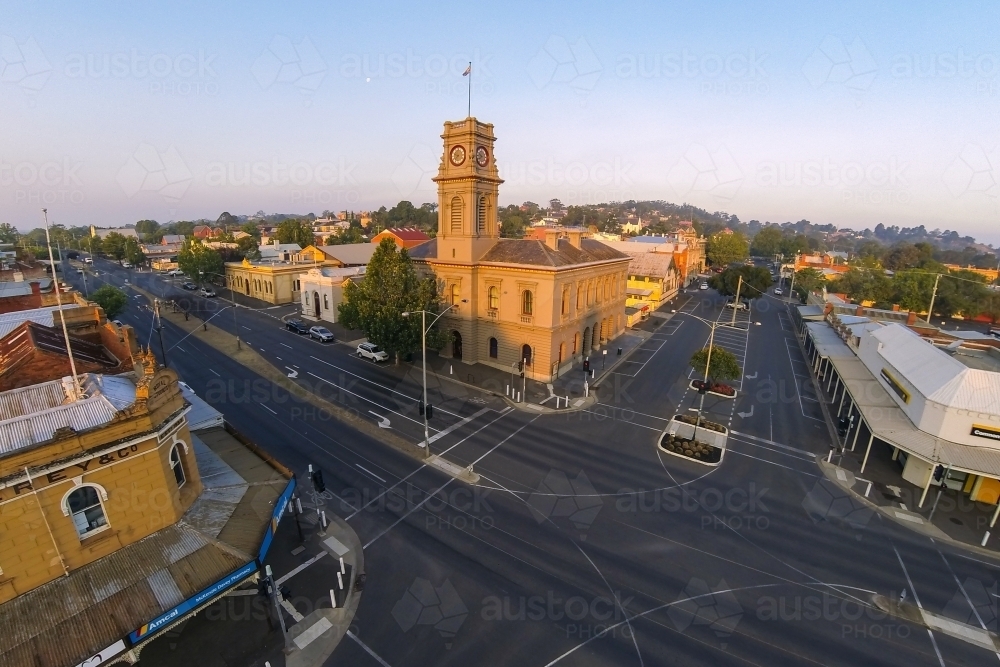 Aerial view of an historic post office building on a corner block - Australian Stock Image