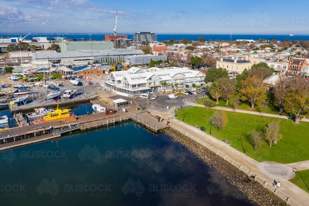 Aerial view of an inner city marina and surrounding parkland - Australian Stock Image