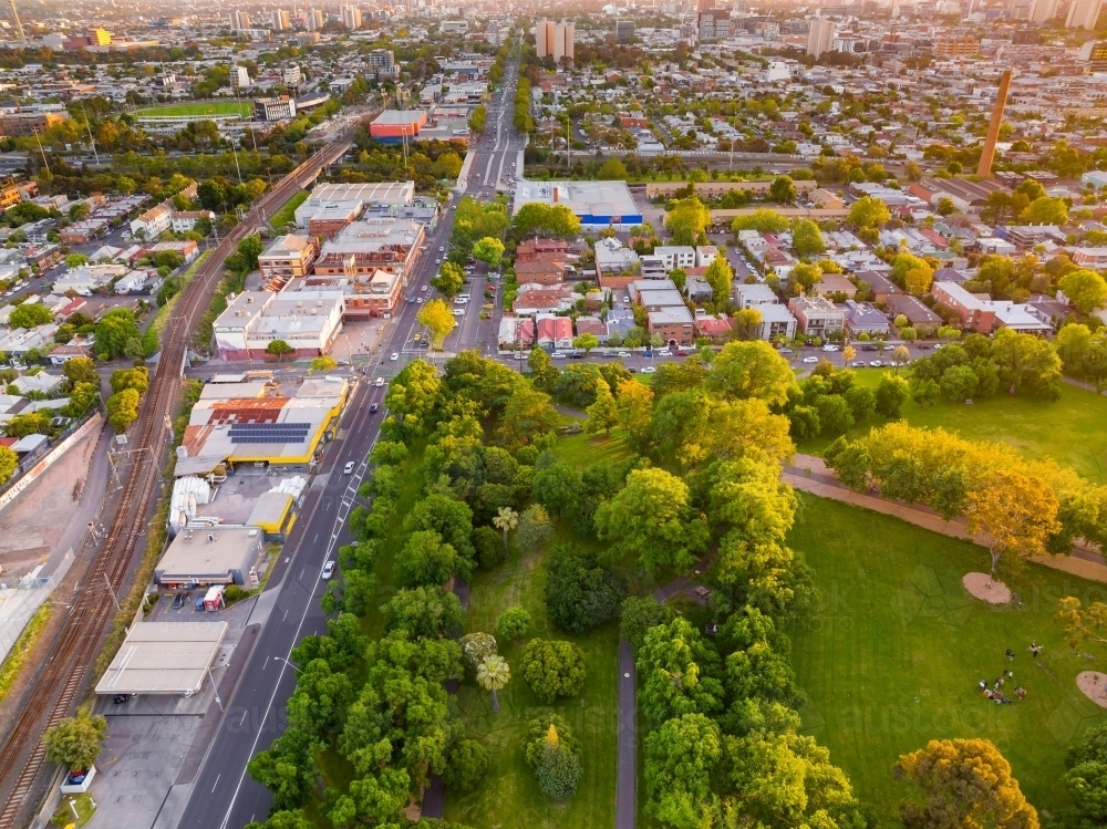 Image of Aerial view of an inner city suburb and parkland in late afternoon light, Clifton Hill