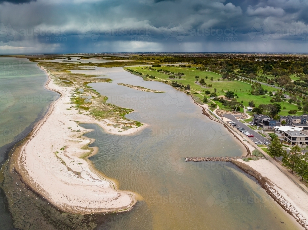 Sandbar Example Image of Aerial view of an unusually shaped sand bar running along the ...