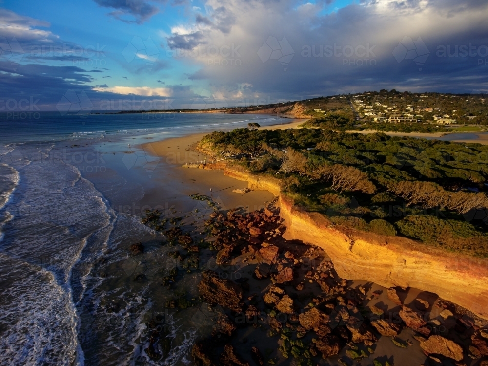 Image of Aerial View of Anglesea Beach and Town - Austockphoto