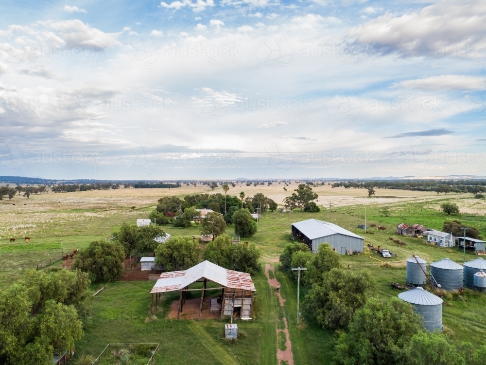 Aerial view of australian farm scene on overcast day - Australian Stock Image