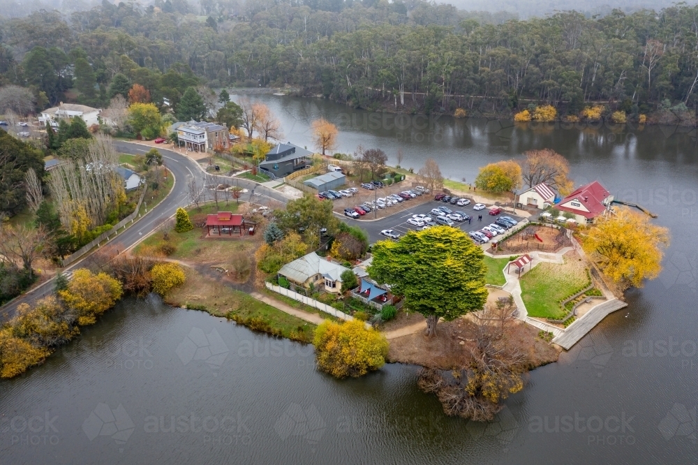 Aerial view of autumn trees and parkland around Lake Daylesford - Australian Stock Image