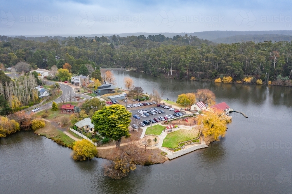 Aerial view of autumn trees and parkland around Lake Daylesford - Australian Stock Image