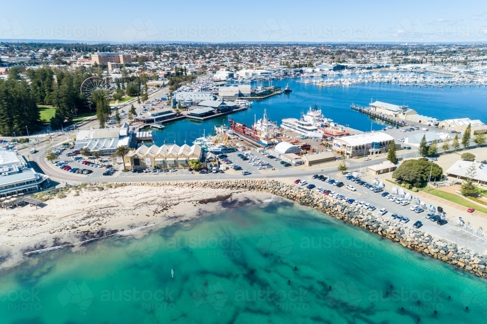 Aerial view of Bathers Beach and Fremantle Fishing Boat Harbour. - Australian Stock Image
