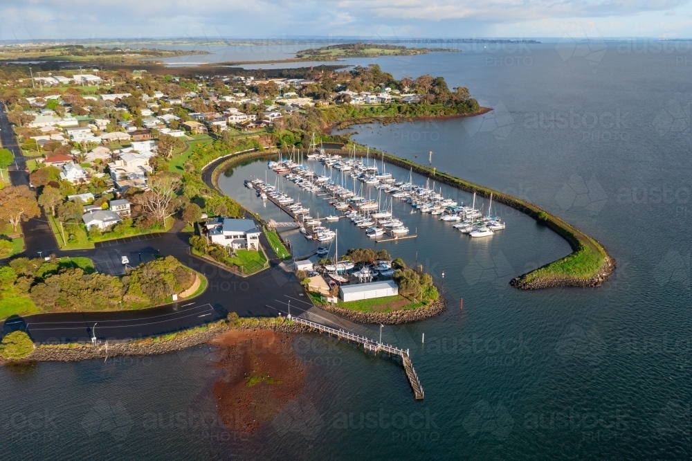 Image of Aerial view of boats and yachts anchored in a sheltered marina ...
