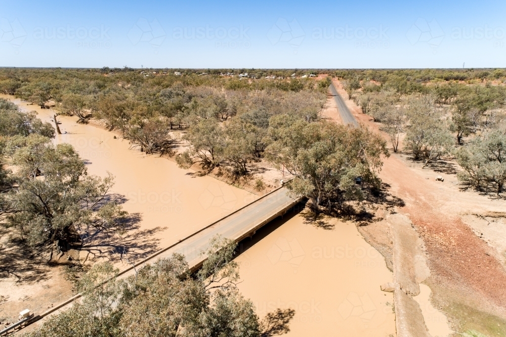 Aerial view of bridge over the Warrego River at Cunnamulla, Queensland. - Australian Stock Image