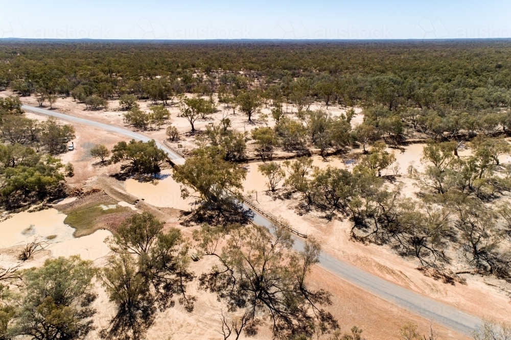 Aerial view of bridge over the Warrego River at Cunnamulla, Queensland. - Australian Stock Image