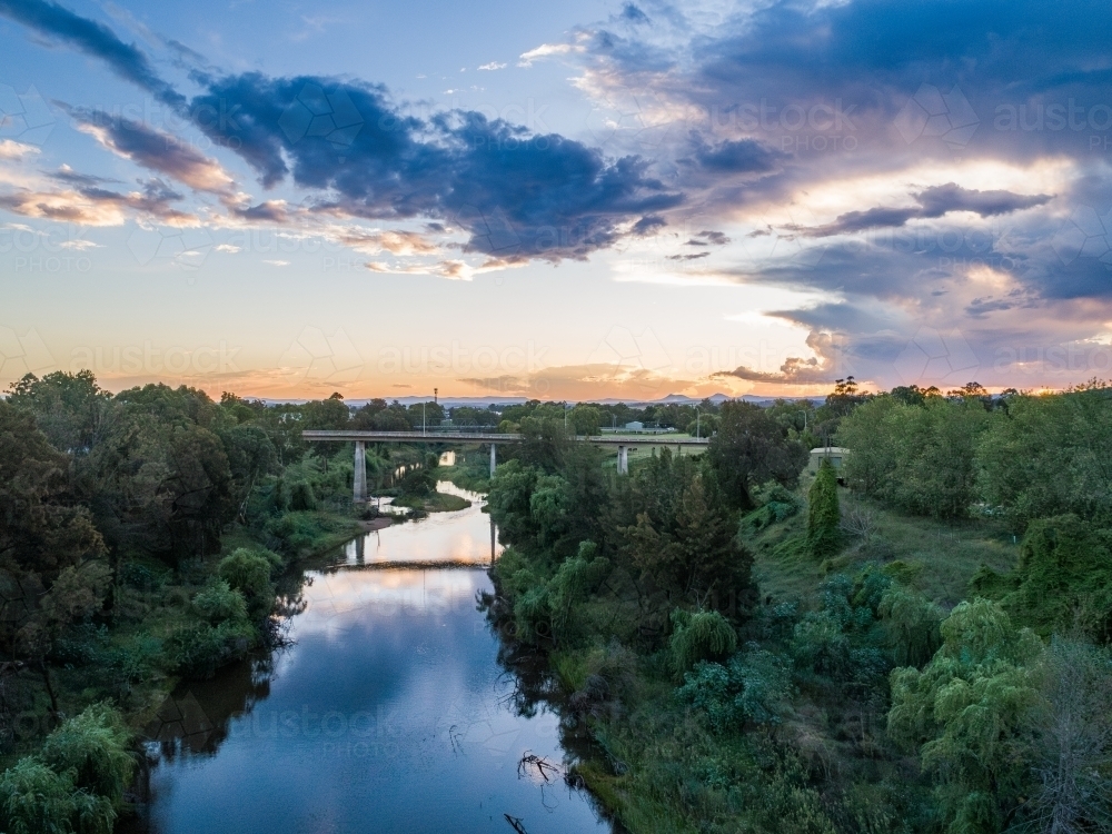 Aerial view of bridges crossing Hunter River in country town of singleton  - Australian Stock Image