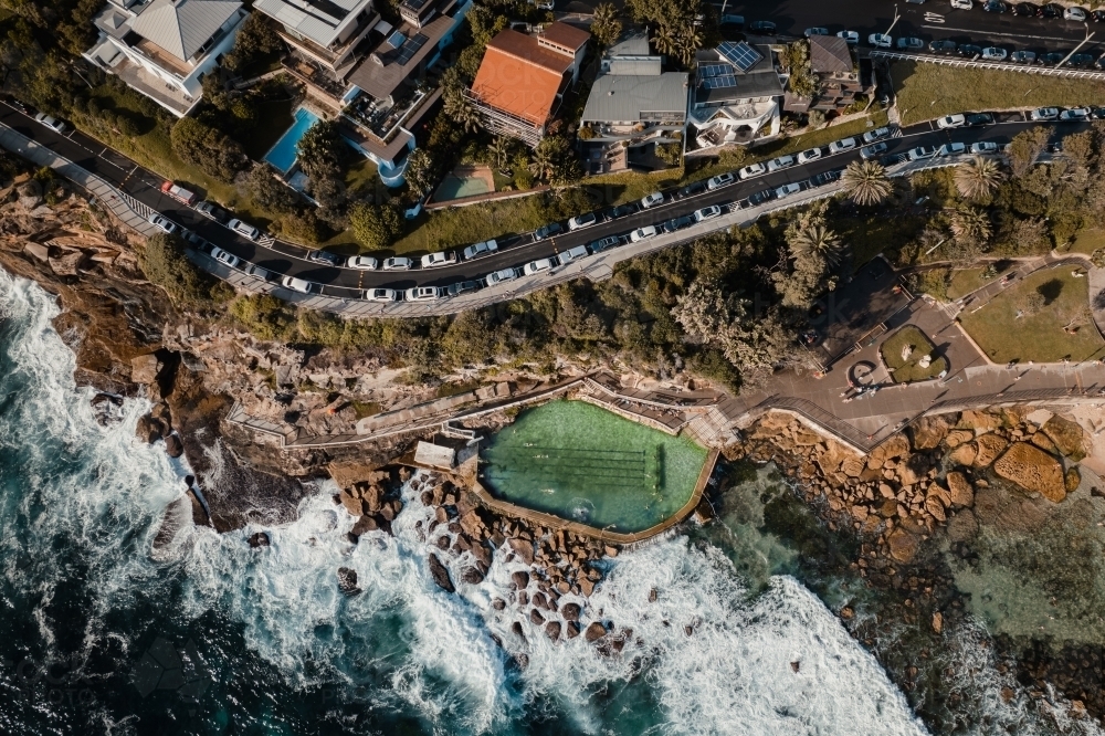 Image of Aerial view of Bronte Ocean Pool (Bronte Baths) - Austockphoto