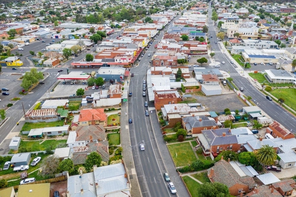 Aerial view of buildings and streets in a country town - Australian Stock Image