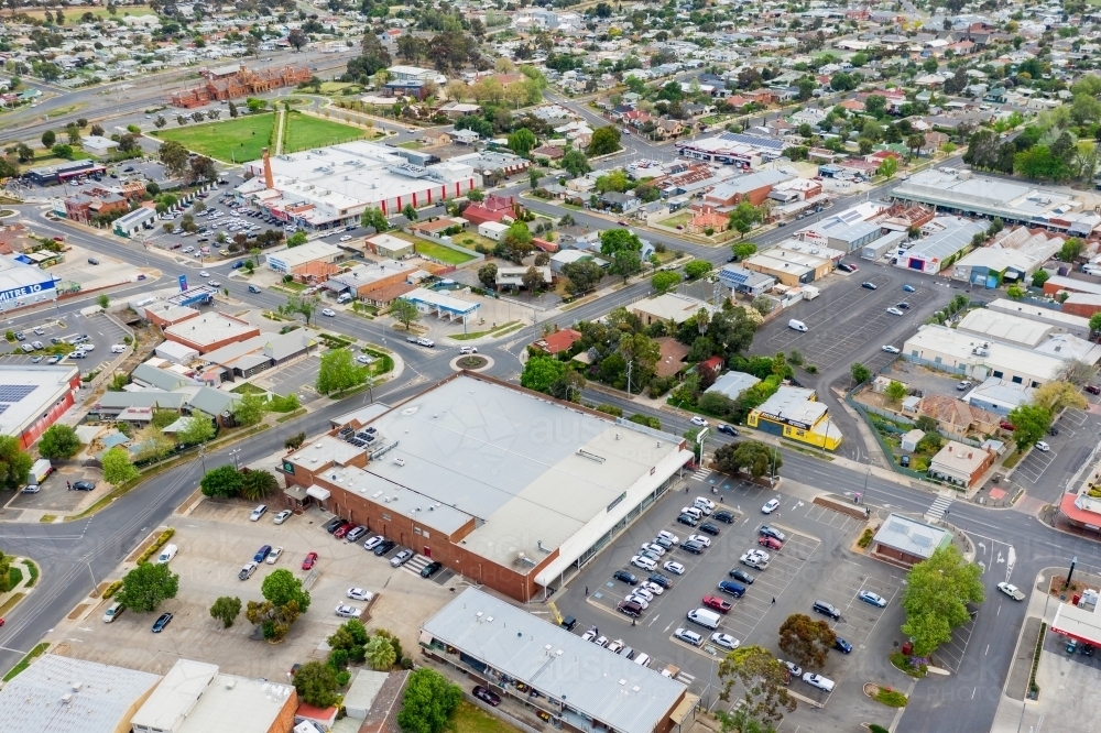 Aerial view of buildings and streets of a country town - Australian Stock Image