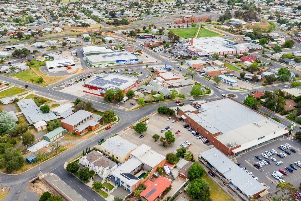 Aerial view of buildings and streets of a country town - Australian Stock Image
