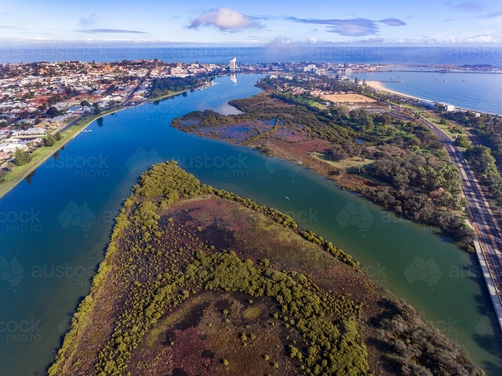 aerial view of Bunbury from Anglesea Island towards the city centre - Australian Stock Image