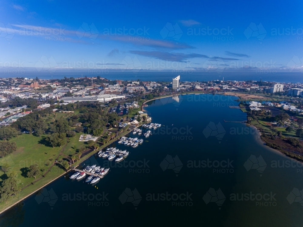 aerial view of Bunbury from the inlet looking towards the city centre and ocean - Australian Stock Image