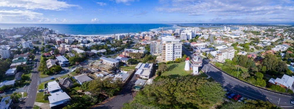 Aerial view of Caloundra and the Pacific Ocean. - Australian Stock Image