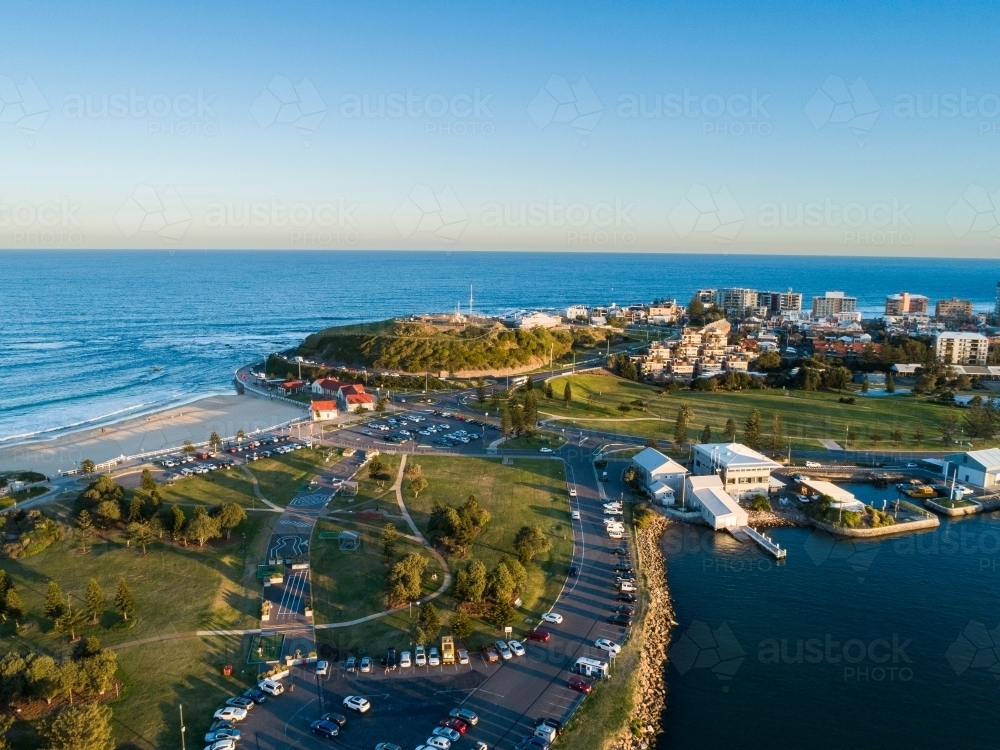 Aerial view of Camp Shortland and Fort Scratchley in Newcastle at sunset - Australian Stock Image
