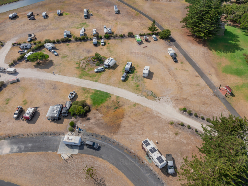 Image of Aerial view of cars and caravans in an coastal RV park on dry ...