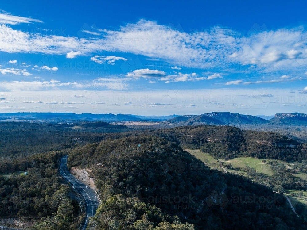 Aerial view of Castlereagh Highway in Capertee Valley NSW Australia - Australian Stock Image