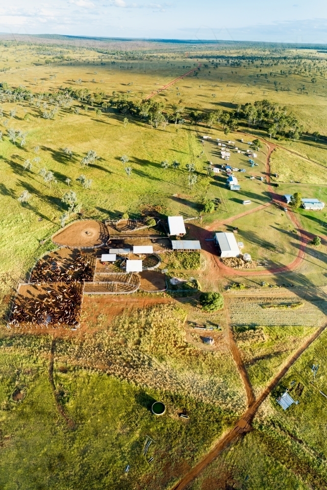 Aerial view of cattle yards and camp sites. - Australian Stock Image