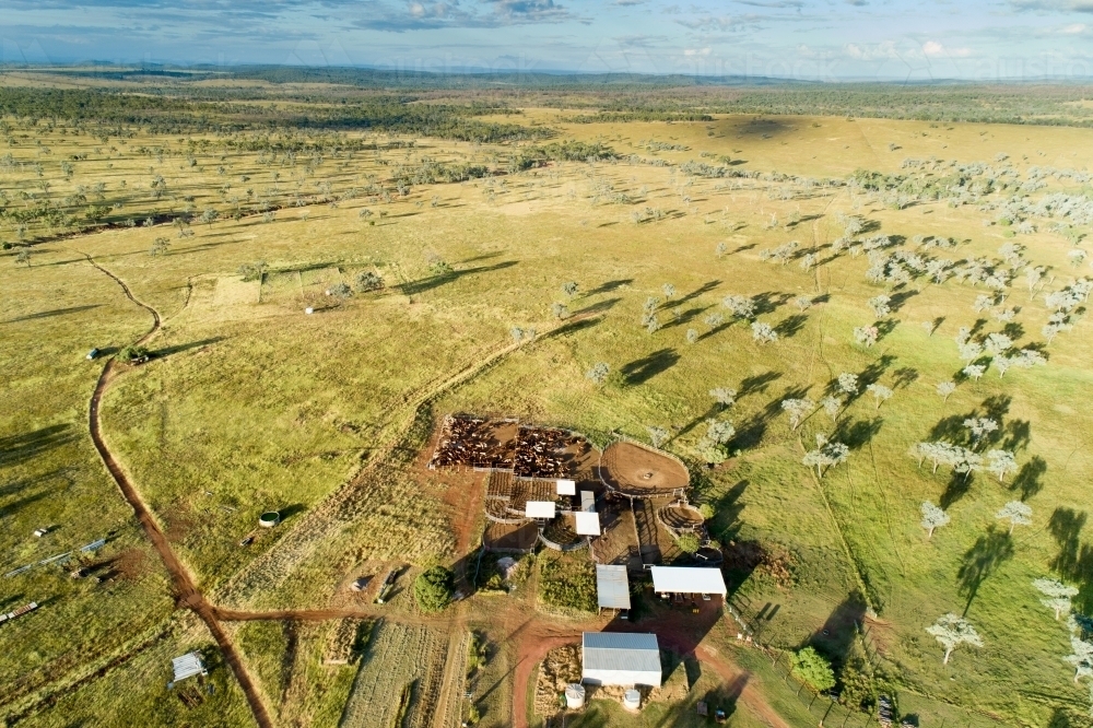 Aerial view of cattle yards and rural property. - Australian Stock Image