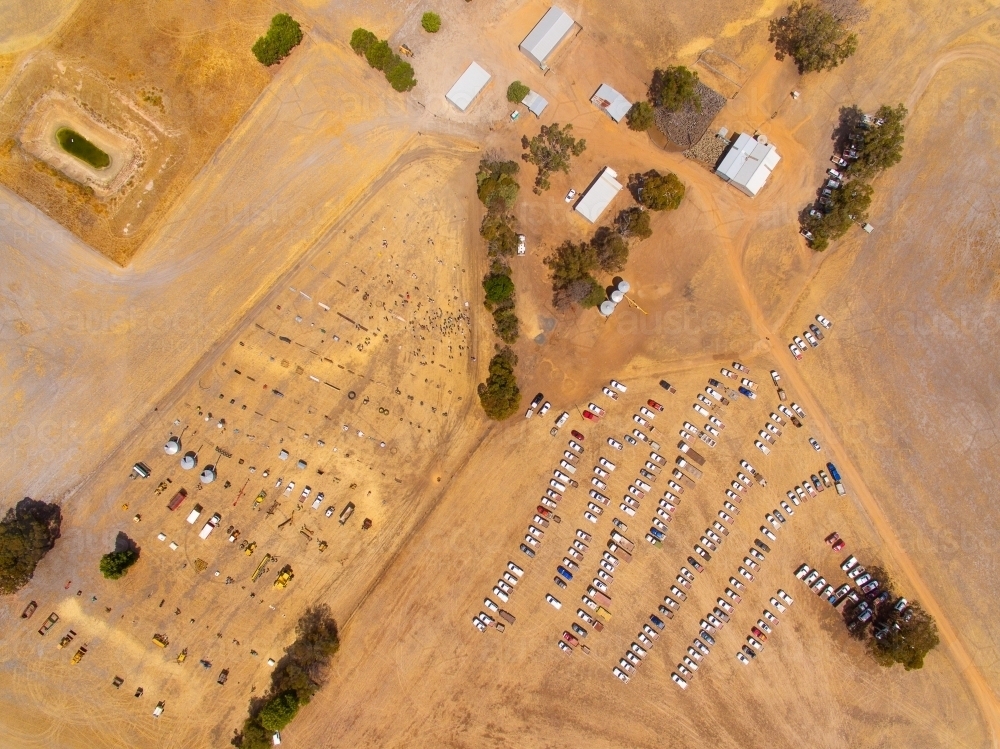 aerial view of clearing sale auction on rural property - Australian Stock Image