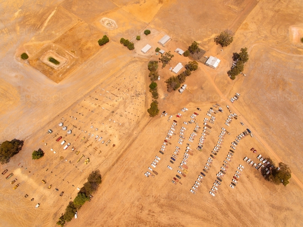 aerial view of clearing sale auction on rural property - Australian Stock Image