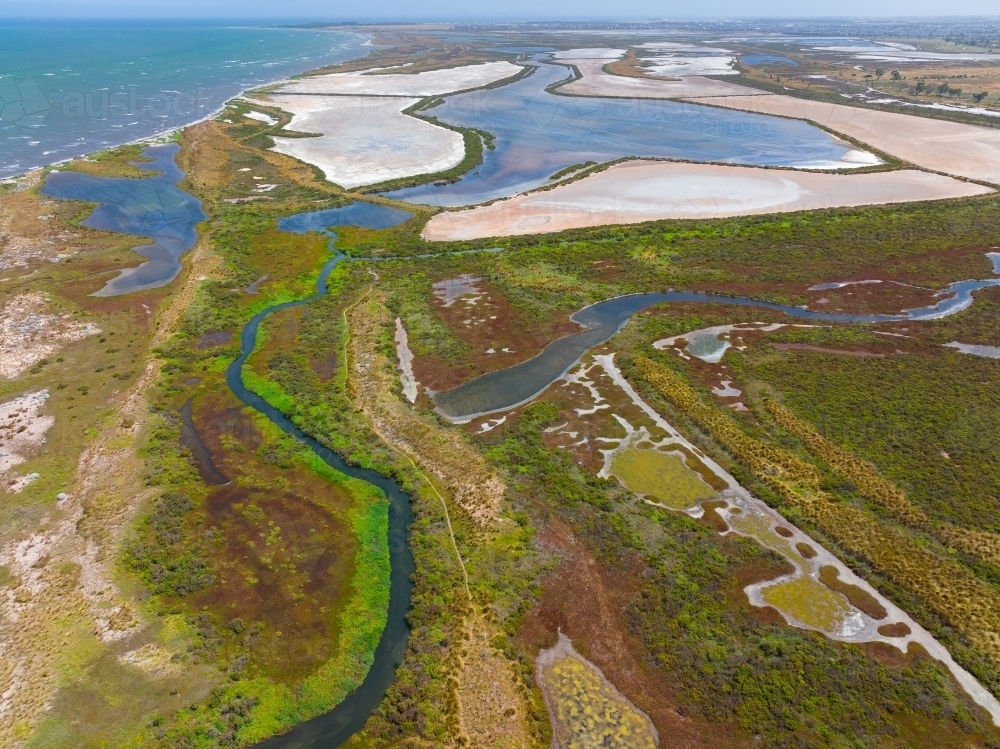 Image of Aerial view of coastal wetlands with colourful vegetation and