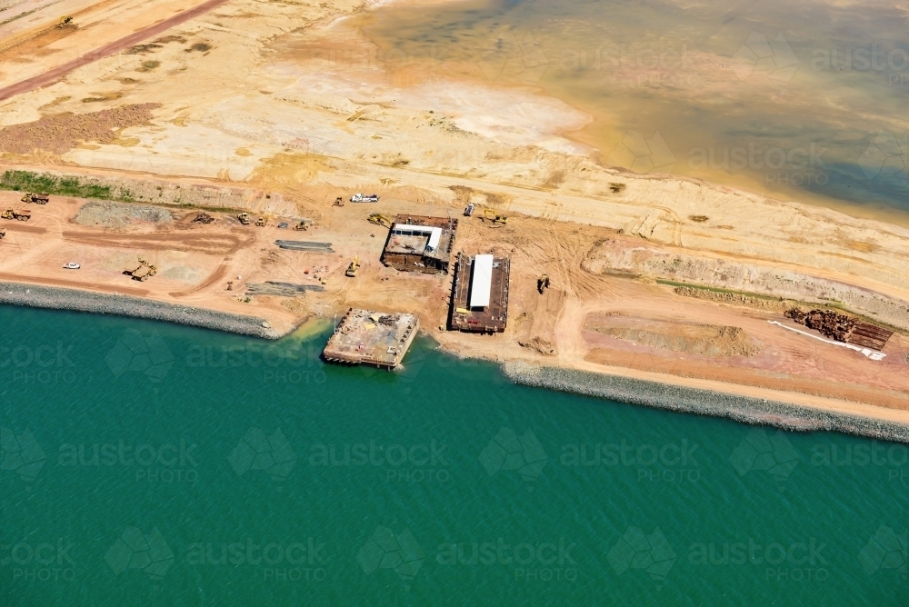 Aerial view of construction barges at Fisherman's Landing near Gladstone - Australian Stock Image